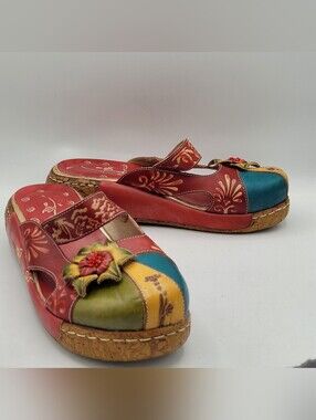 Socofy Leather Boho  Floral Clogs W/ 1" Platform 2.5" Heel Size 40 US Size 9